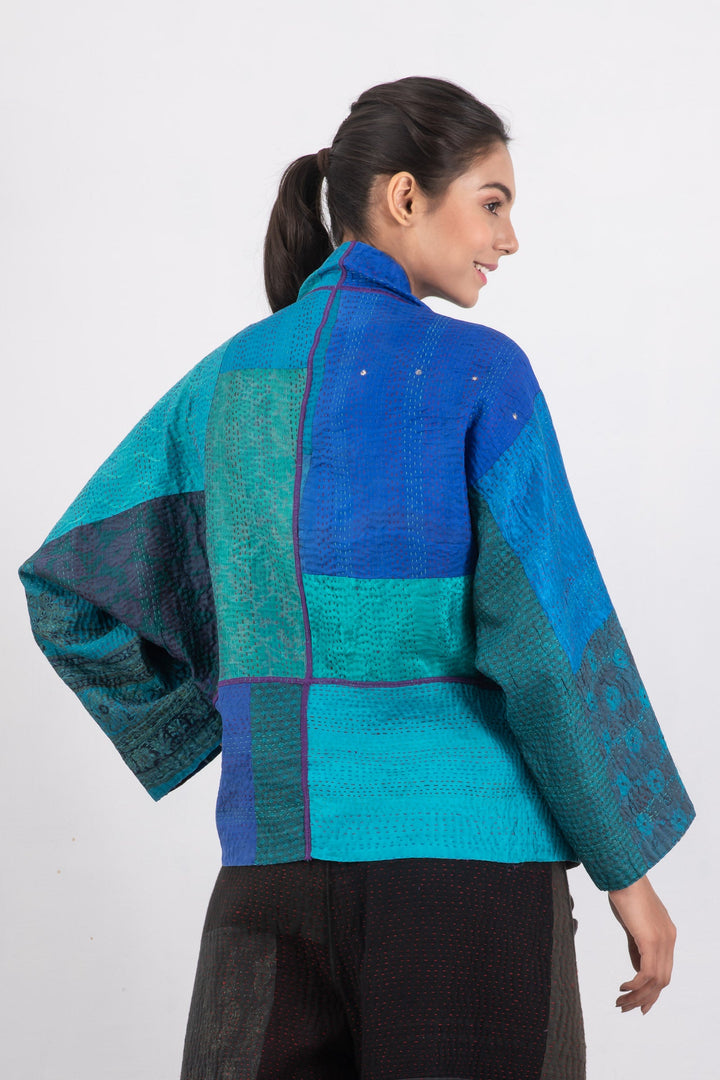 JACQUARD SILK KANTHA DOLMAN SHORT JACKET - js4015-blu -