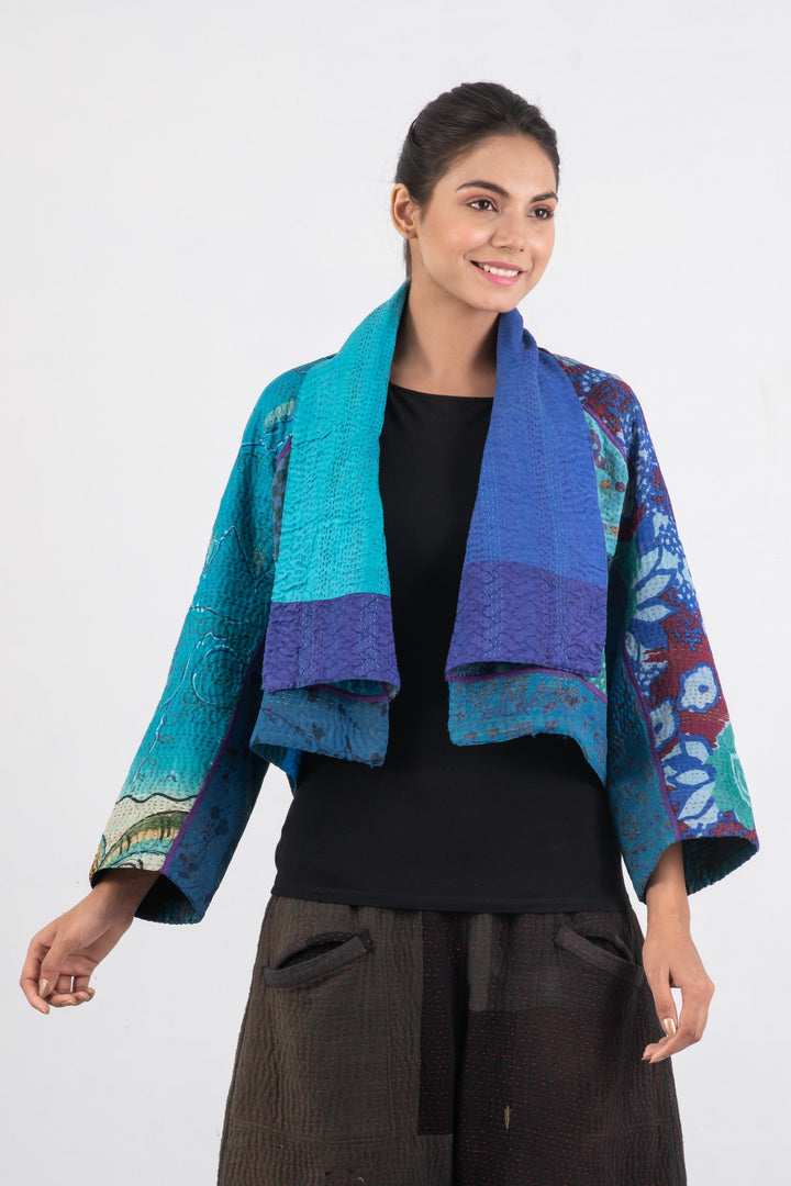 JACQUARD SILK KANTHA DOLMAN SHORT JACKET - js4015-blu -