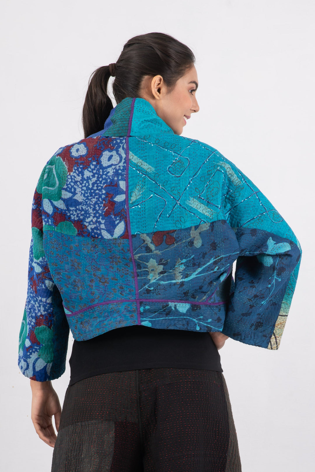 JACQUARD SILK KANTHA DOLMAN SHORT JACKET - js4015-blu -