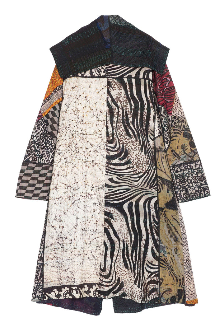JACQUARD SILK KANTHA A-LINE LONG COAT - js4302-blk -