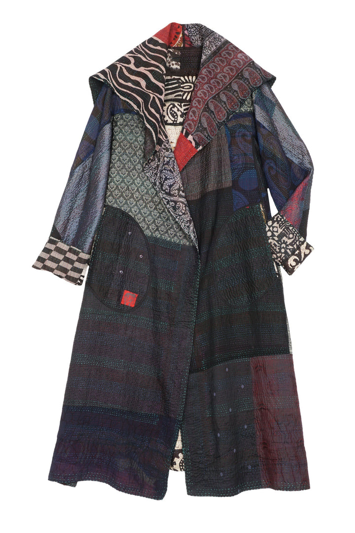 JACQUARD SILK KANTHA A-LINE LONG COAT - js4302-blk -