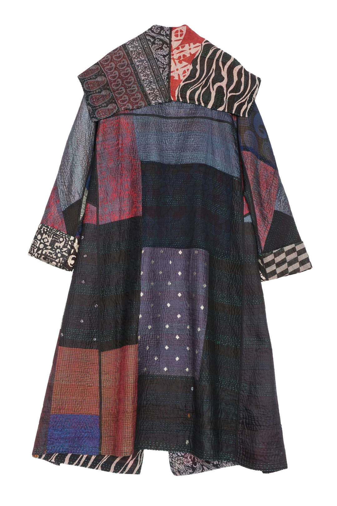JACQUARD SILK KANTHA A-LINE LONG COAT - js4302-blk -