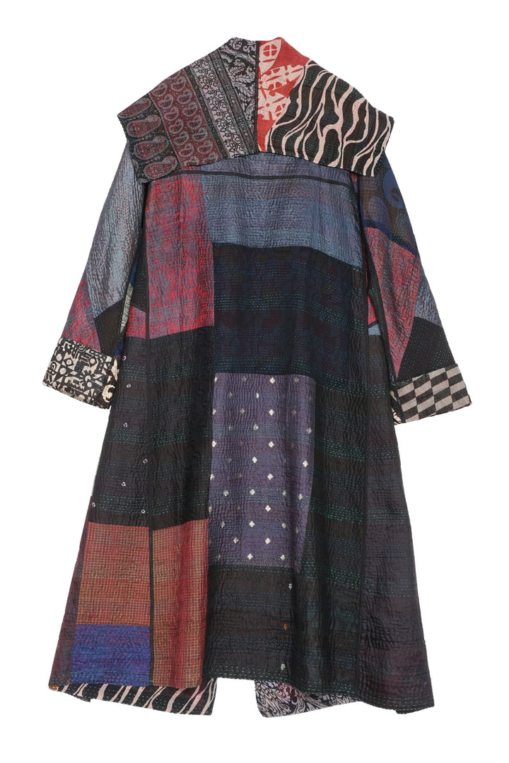 JACQUARD SILK KANTHA A-LINE LONG COAT - js4302-blk -
