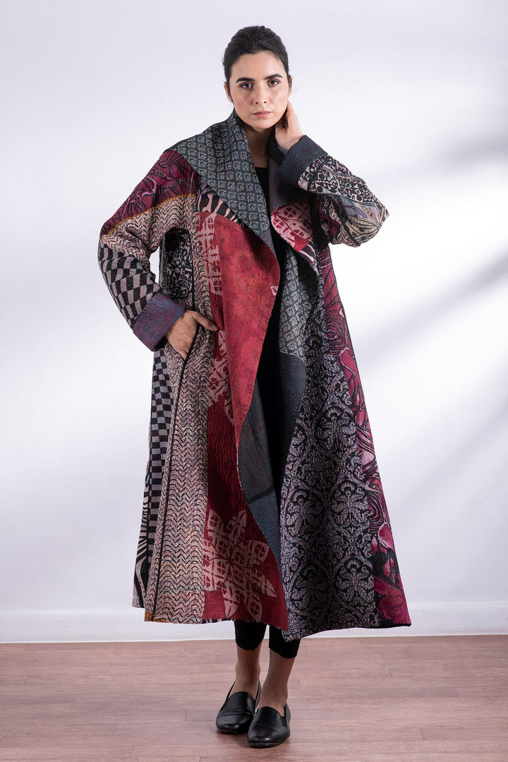 JACQUARD SILK KANTHA A-LINE LONG COAT - js4302-blk -