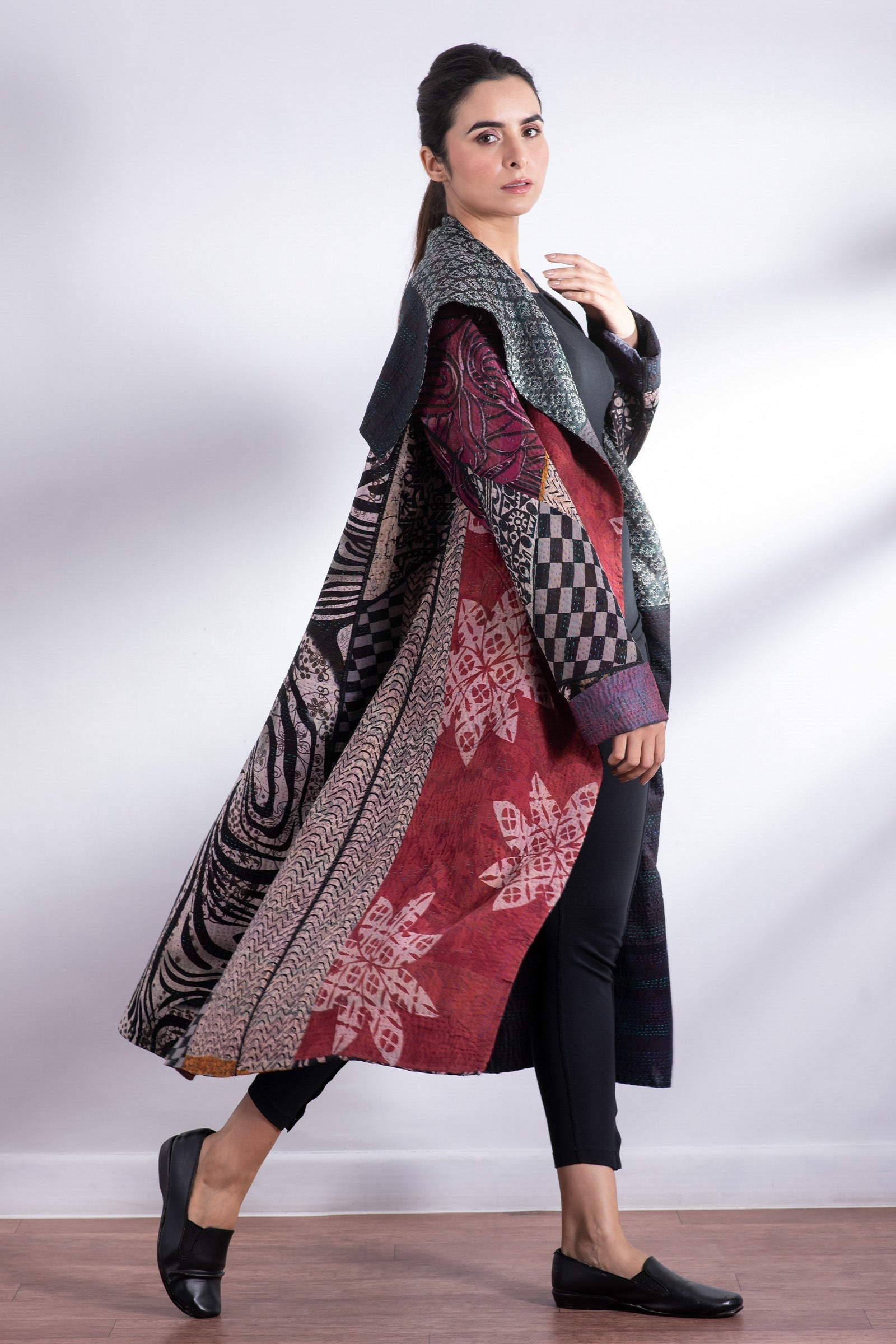 JACQUARD SILK KANTHA A-LINE LONG COAT - js4302-blk - – Mieko