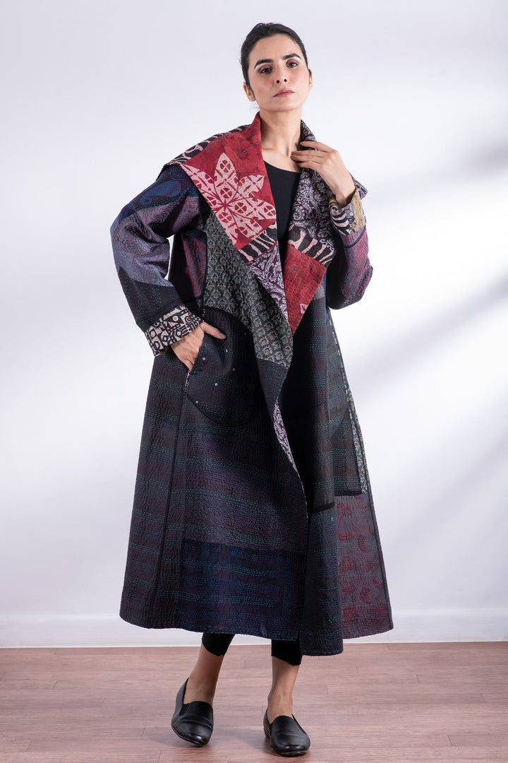 JACQUARD SILK KANTHA A-LINE LONG COAT - js4302-blk -