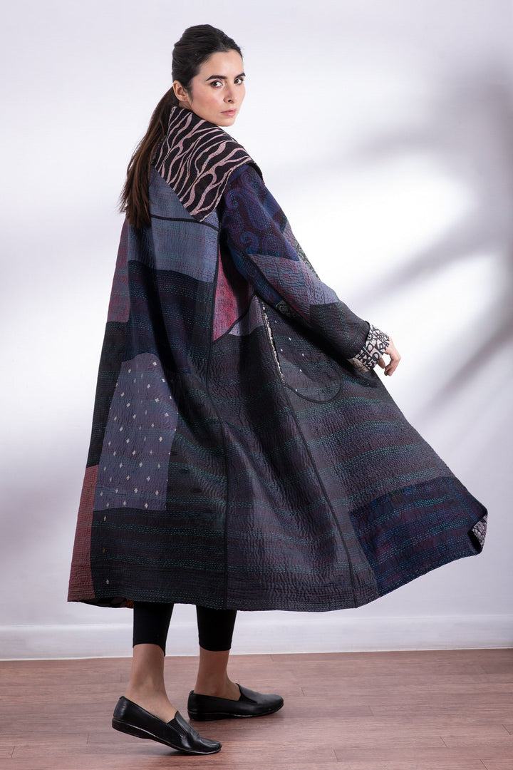 JACQUARD SILK KANTHA A-LINE LONG COAT - js4302-blk -
