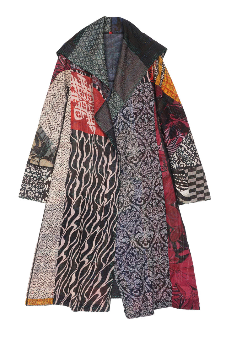 JACQUARD SILK KANTHA A-LINE LONG COAT - js4302-blk -
