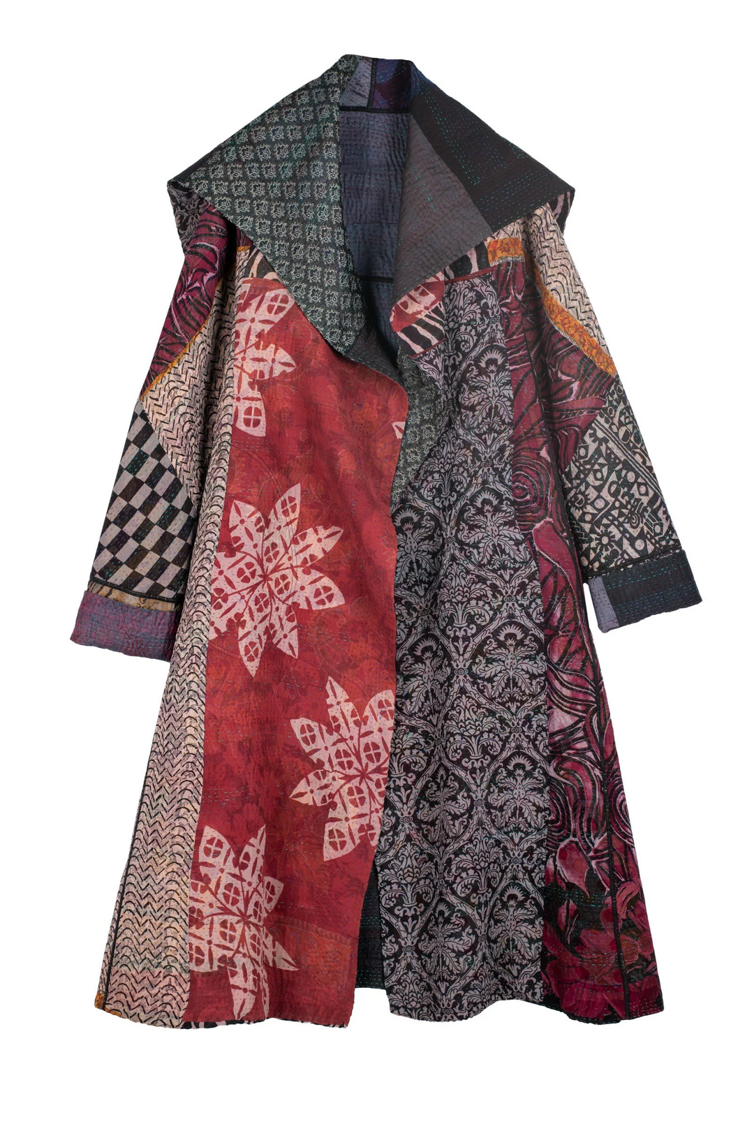 JACQUARD SILK KANTHA A-LINE LONG COAT - js4302-blk -