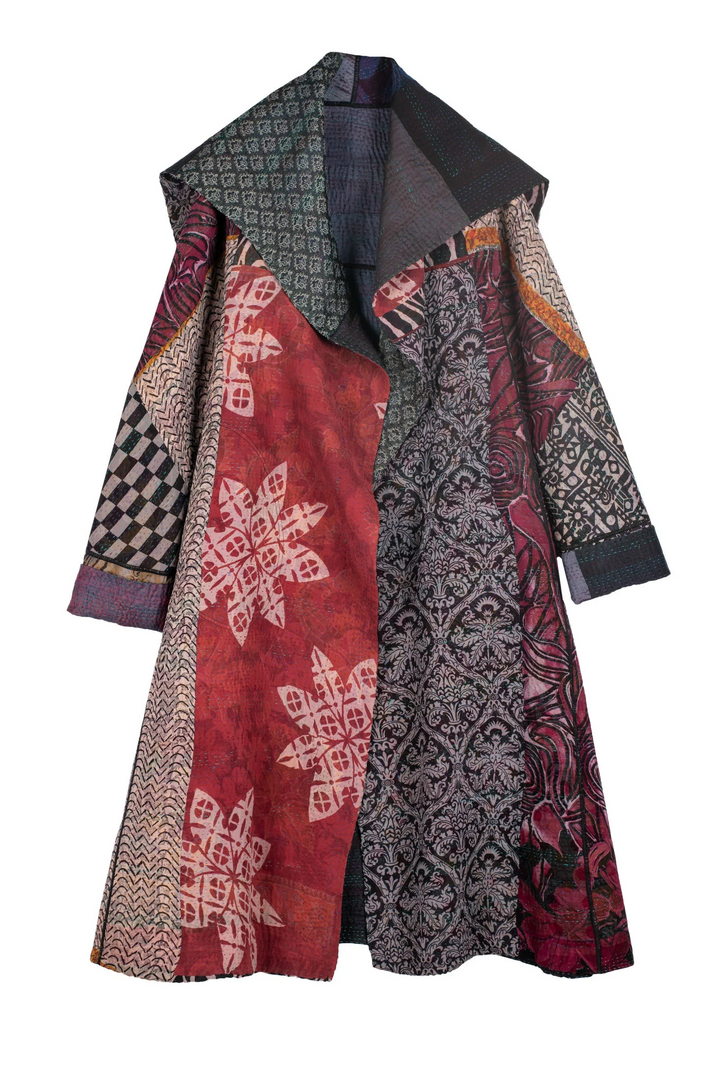 JACQUARD SILK KANTHA A-LINE LONG COAT - js4302-blk -