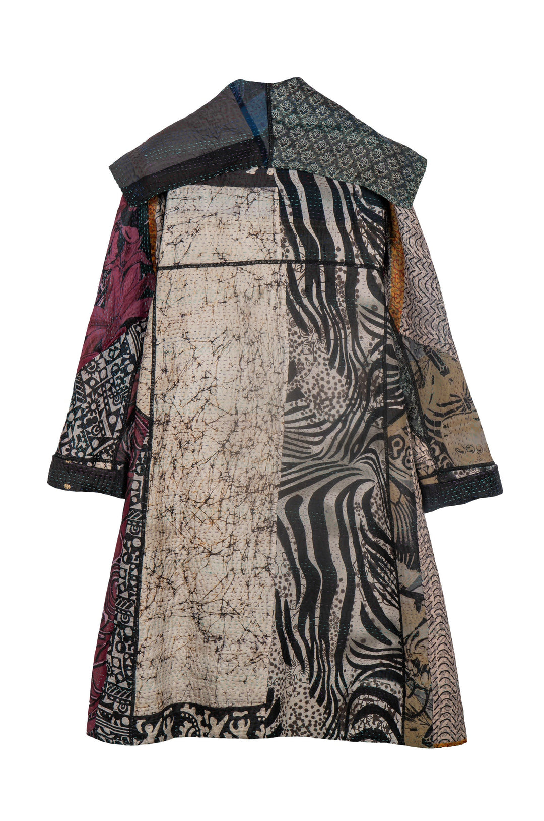 JACQUARD SILK KANTHA A-LINE COAT - js4309-blk -