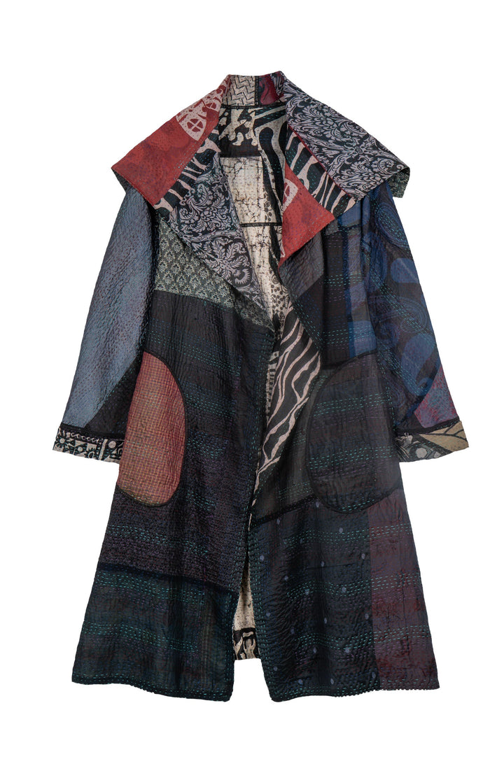 JACQUARD SILK KANTHA A-LINE COAT - js4309-blk -