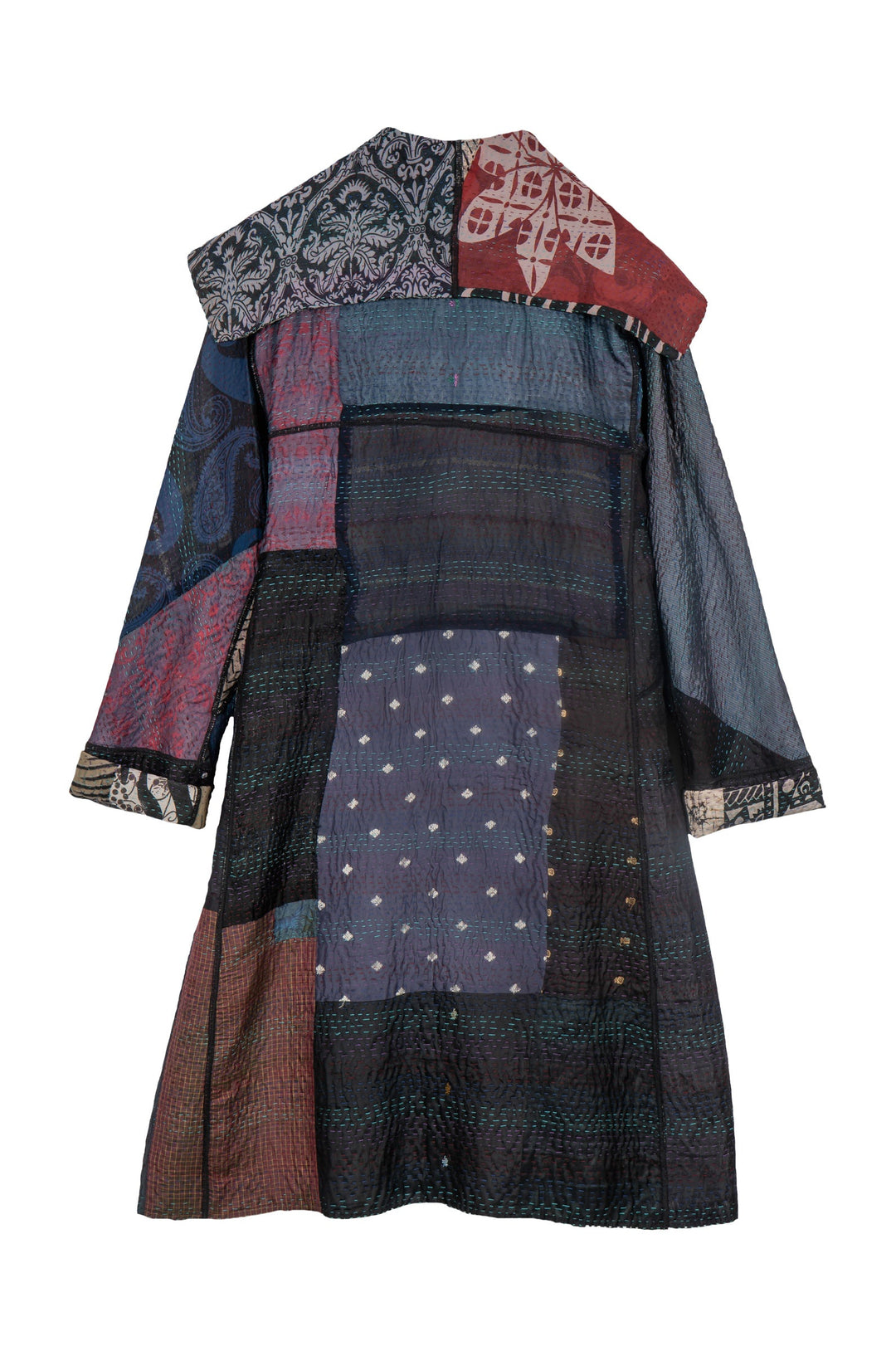 JACQUARD SILK KANTHA A-LINE COAT - js4309-blk -