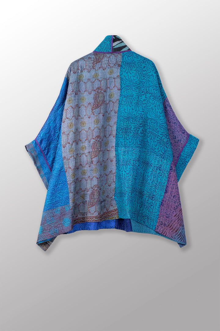 JACQUARD SILK KANTHA DOUBLE COLLAR PONCHO - js4323-blu -