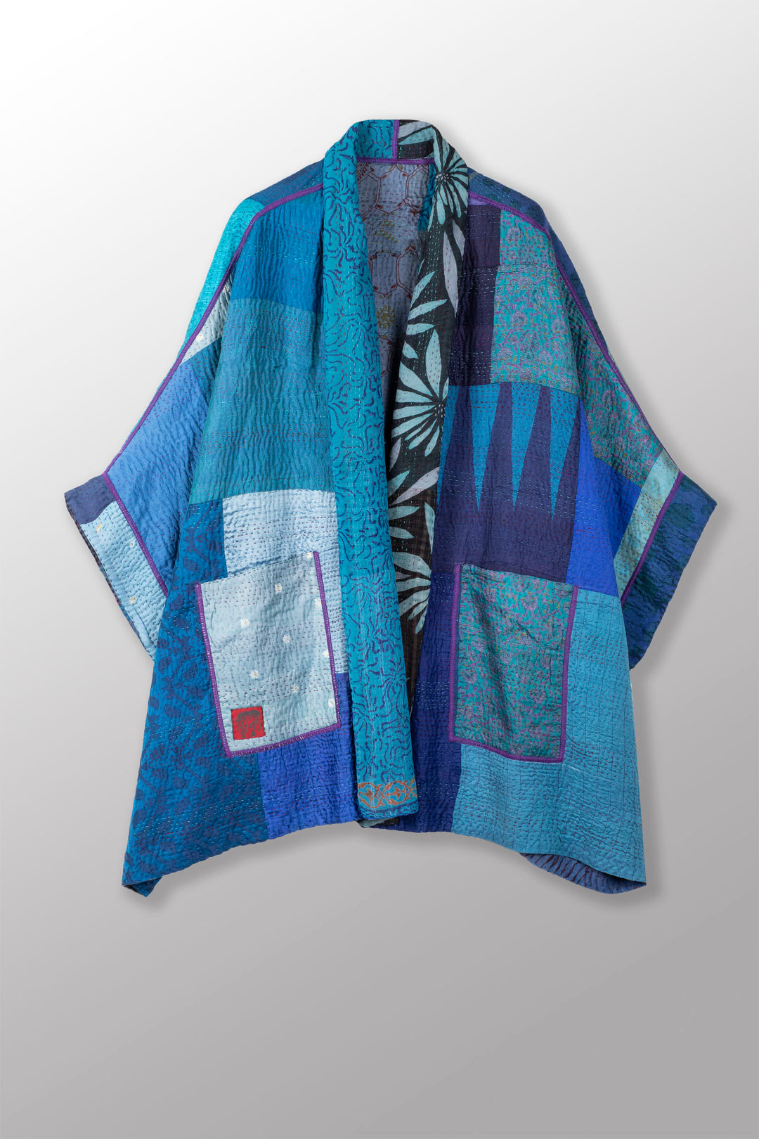 JACQUARD SILK KANTHA DOUBLE COLLAR PONCHO - js4323-blu -