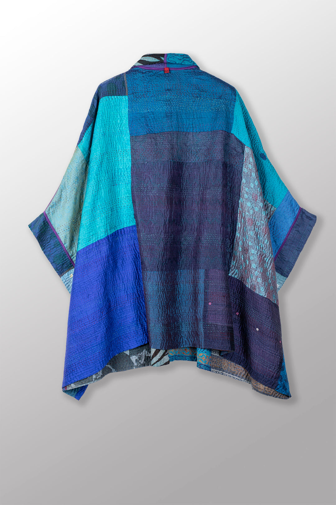 JACQUARD SILK KANTHA DOUBLE COLLAR PONCHO - js4323-blu -