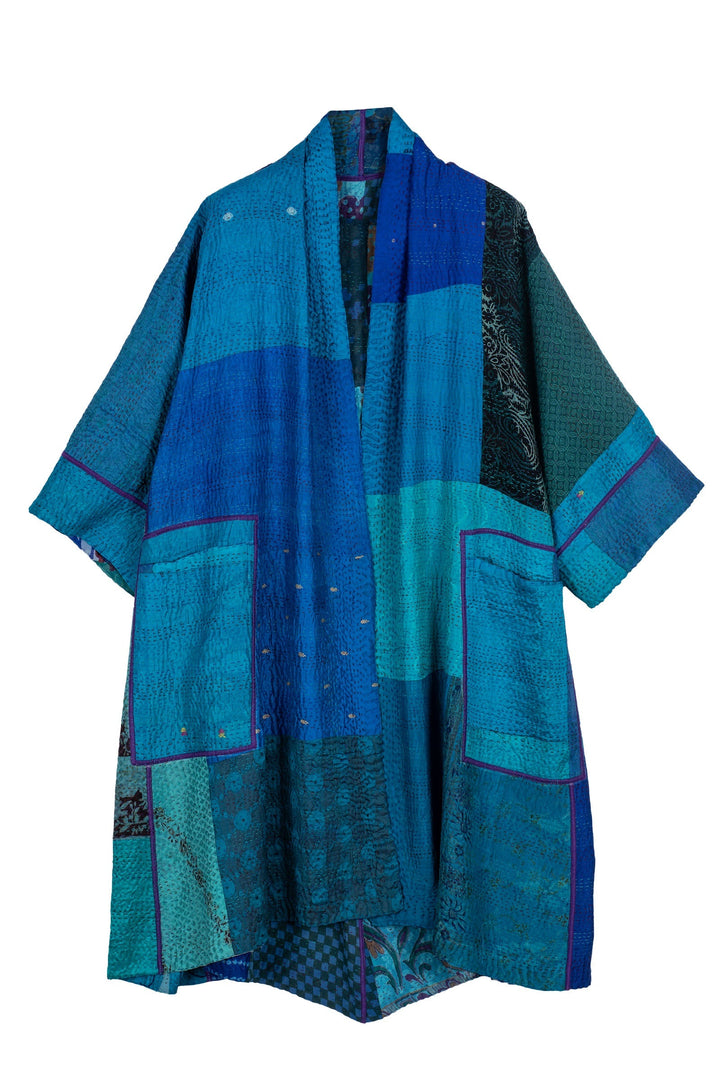JACQUARD SILK KANTHA  3/4 SLV. A-LINE DUSTER - js4324-blu -