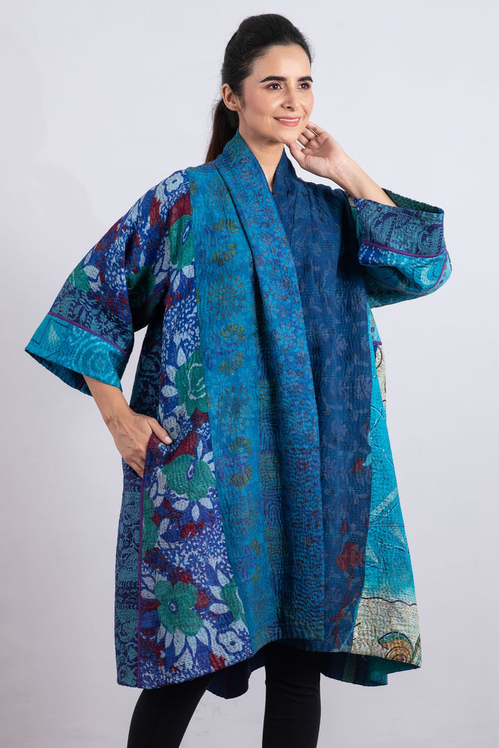 JACQUARD SILK KANTHA  3/4 SLV. A-LINE DUSTER - js4324-blu -