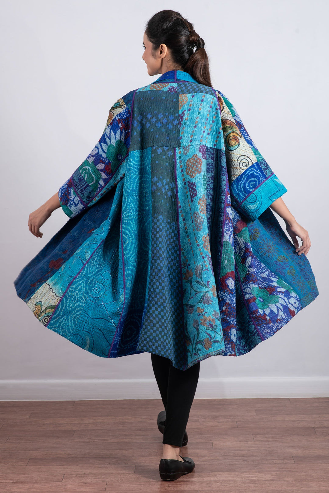 JACQUARD SILK KANTHA  3/4 SLV. A-LINE DUSTER - js4324-blu -
