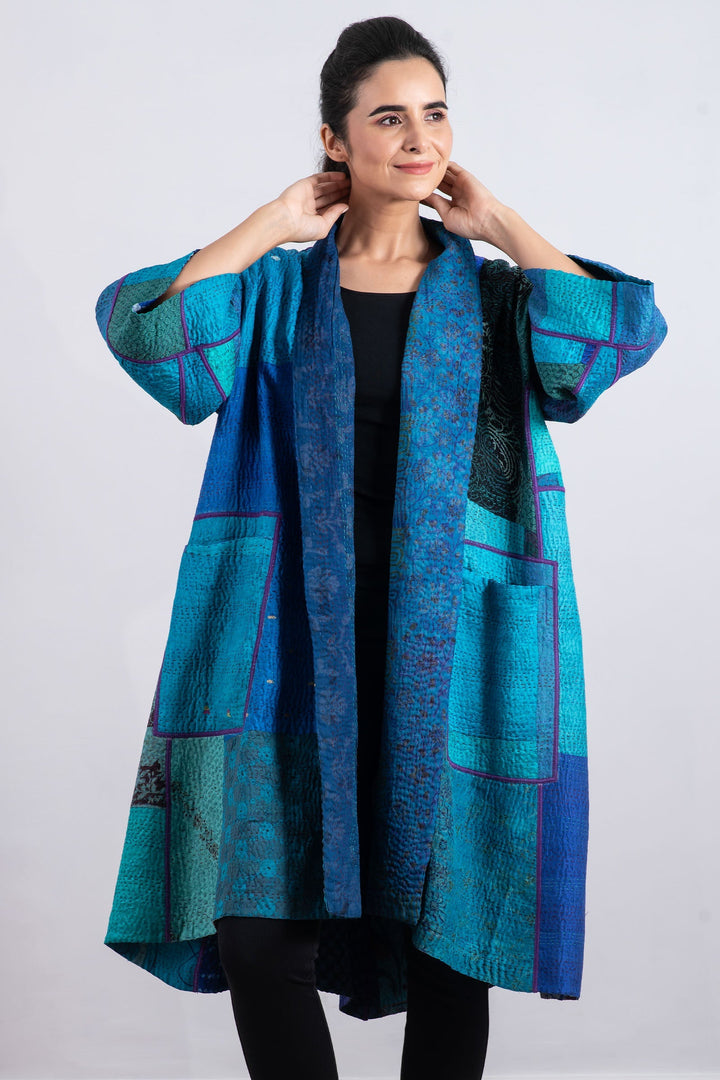 JACQUARD SILK KANTHA  3/4 SLV. A-LINE DUSTER - js4324-blu -
