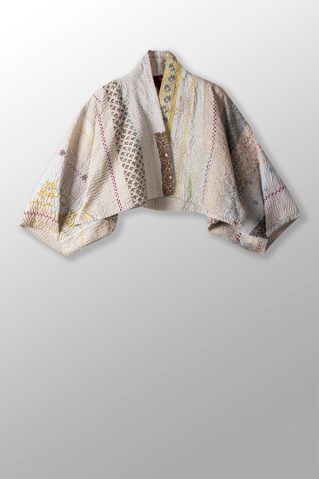 JEWEL WOVEN WITH VERTICAL PATCH KANTHA PUFF SLV. SHRUG - jv4062-ivy -