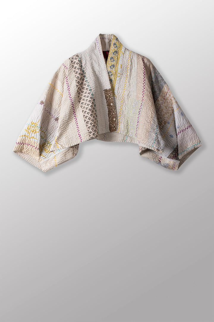 JEWEL WOVEN WITH VERTICAL PATCH KANTHA PUFF SLV. SHRUG - jv4062-ivy -