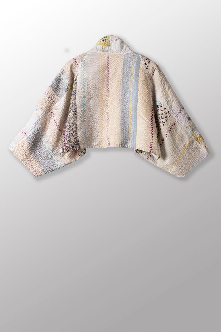 JEWEL WOVEN WITH VERTICAL PATCH KANTHA PUFF SLV. SHRUG - jv4062-ivy -
