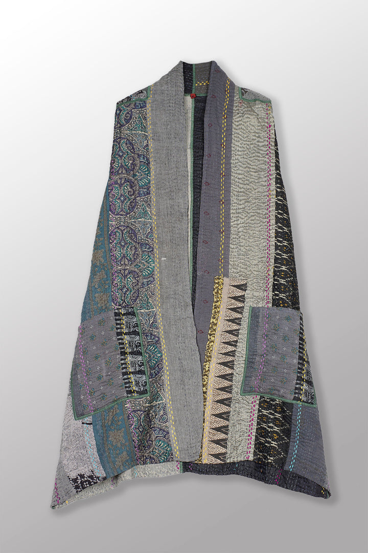 JEWEL WOVEN WITH VERTICAL PATCH KANTHA KIMONO VEST - jv4247-gry -