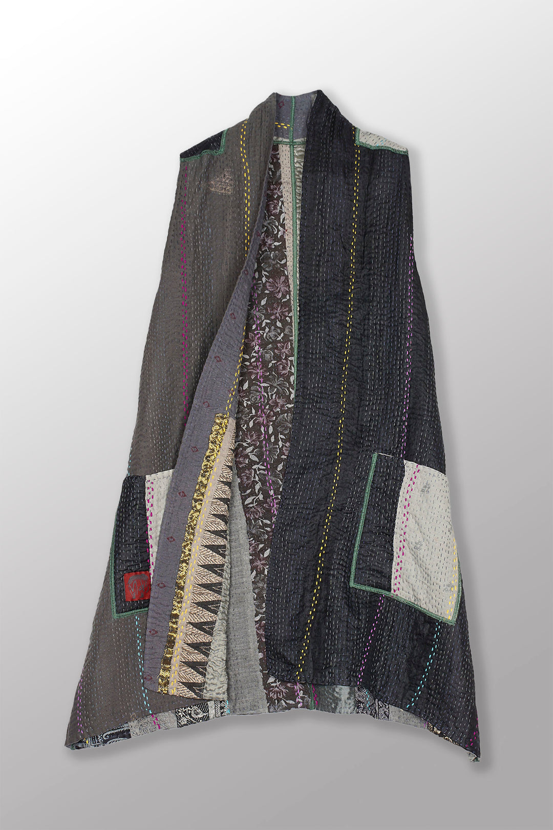 JEWEL WOVEN WITH VERTICAL PATCH KANTHA KIMONO VEST - jv4247-gry -