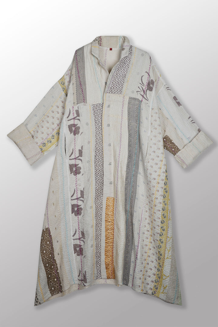 JEWEL WOVEN WITH VERTICAL PATCH KANTHA OVERSIZED COAT - jv4326-ivy -