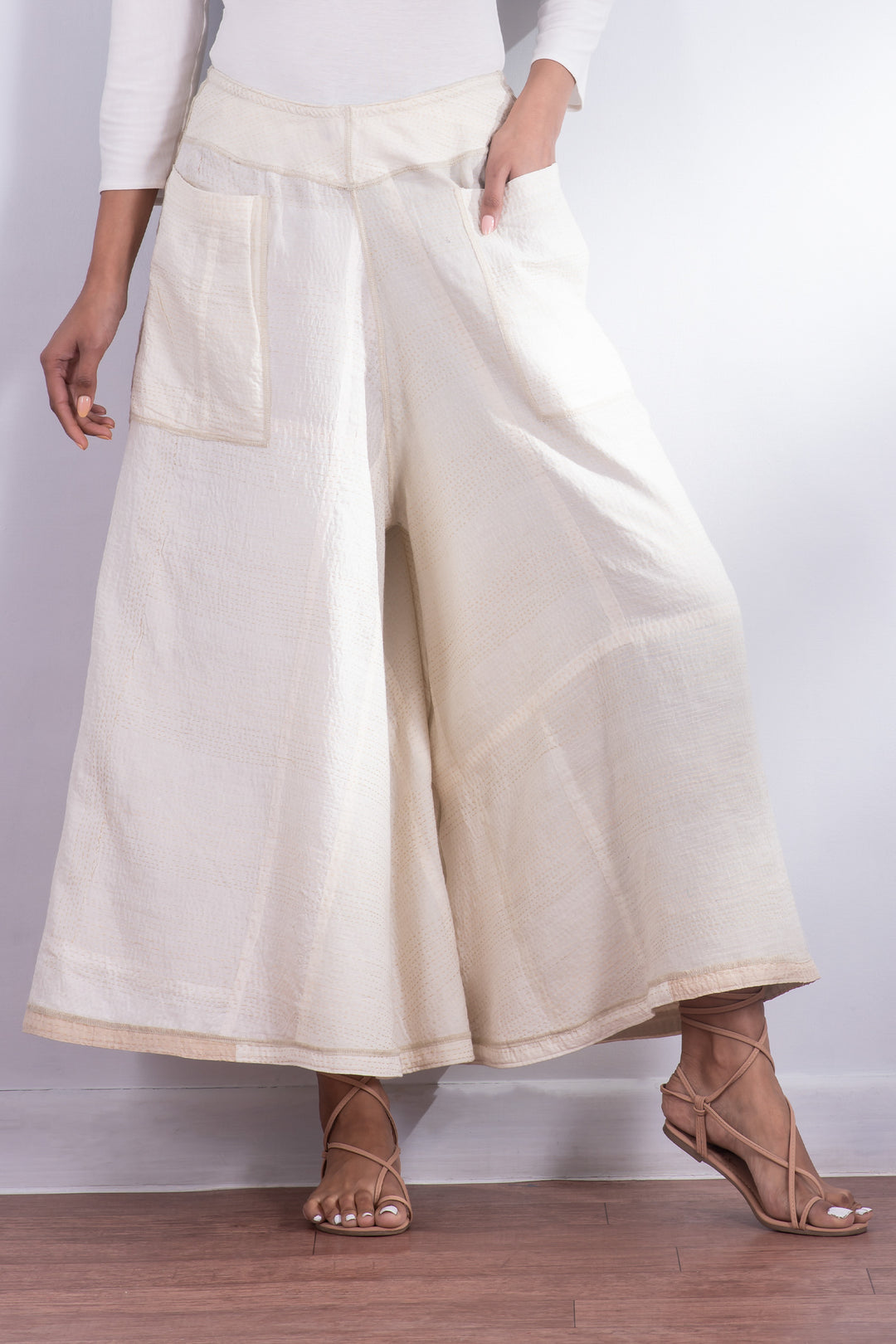 JAIPUR WHITE KANTHA WIDE LEG PANTS - jw2623-ivy -