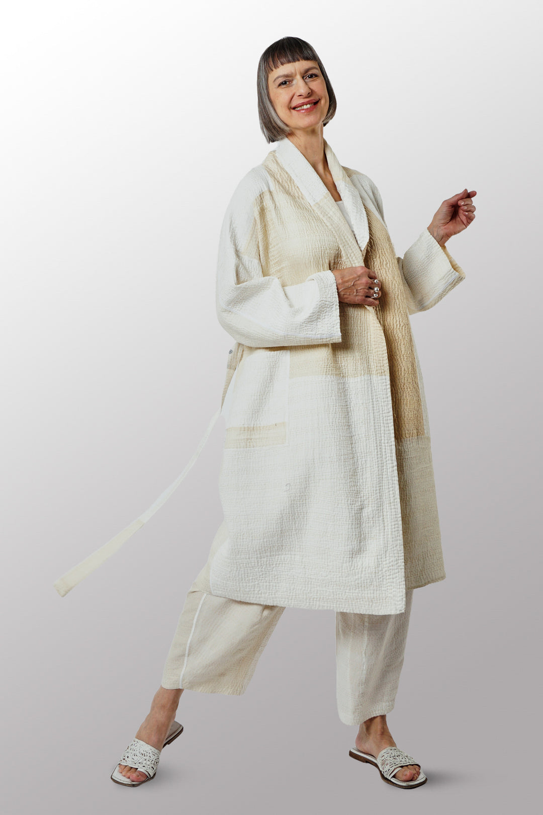 JAIPUR WHITE KANTHA SIMPLE ROBE - jw4334-ivy -