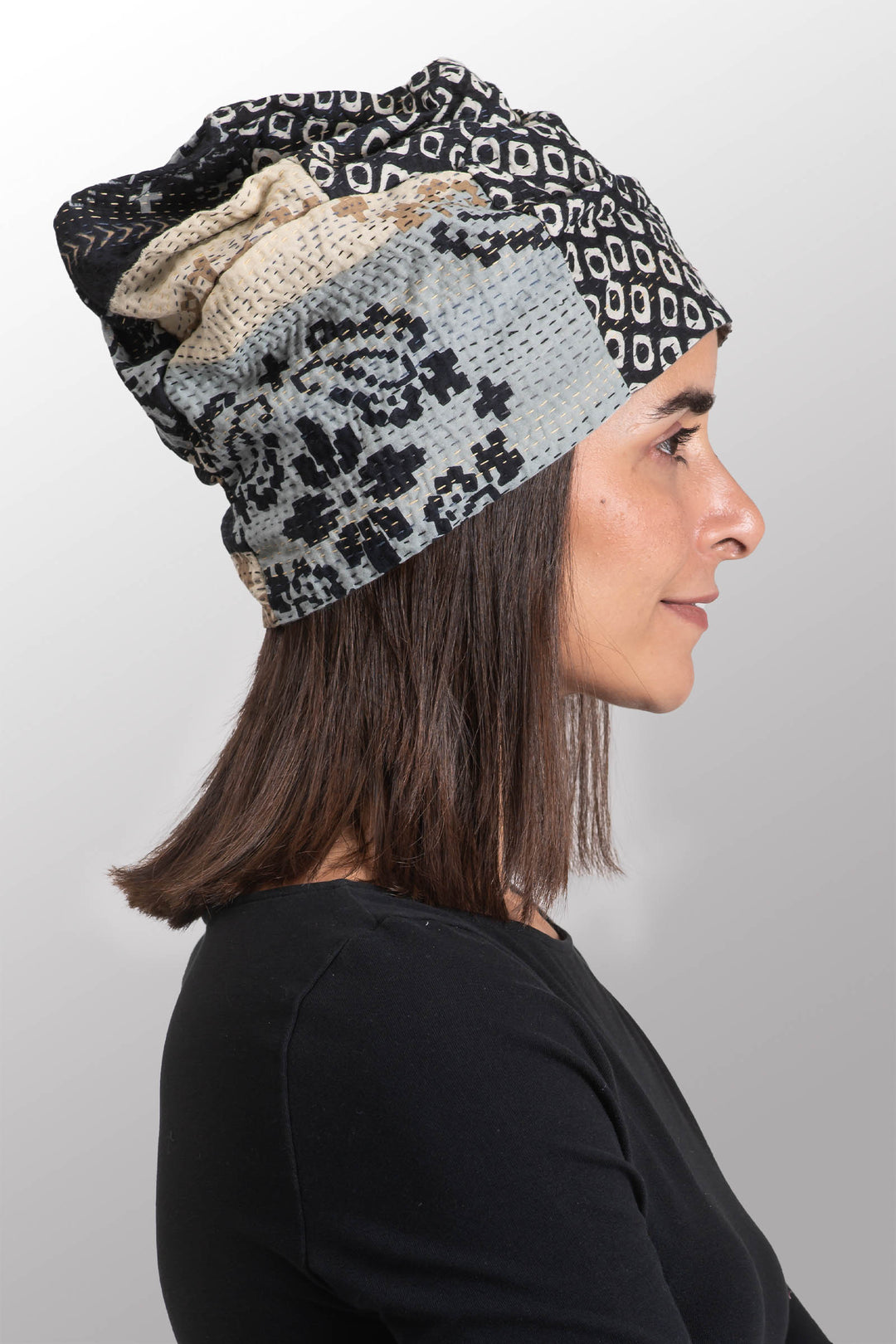 KIMONO COTTON KANTHA PATCHWORK HAT - kc2880-blk -