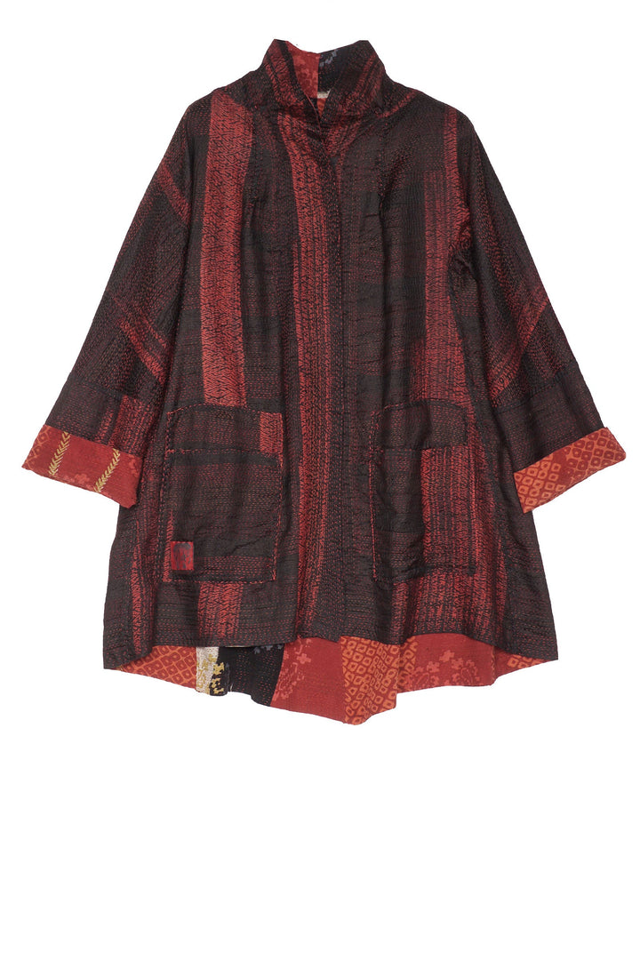 KIMONO PRINT KANTHA FLARE LONG JKT - kp2021-red -