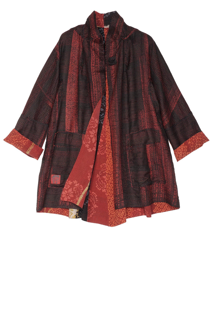 KIMONO PRINT KANTHA FLARE LONG JKT - kp2021-red -