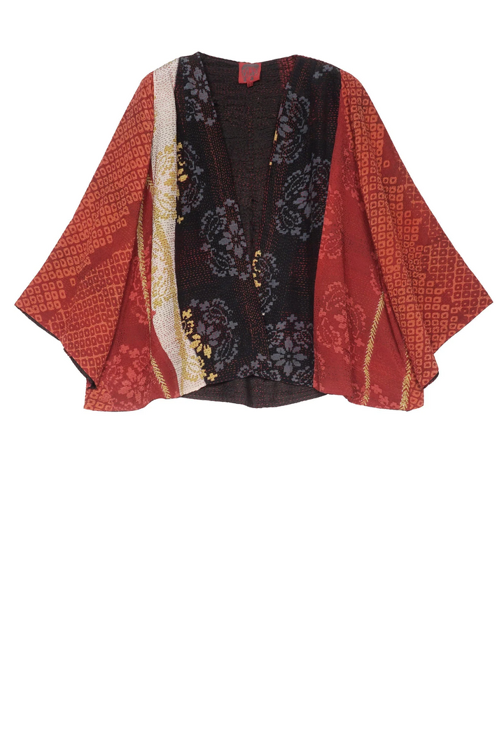 KIMONO PRINT KANTHA BELL SHAPE JKT - kp2048-red -