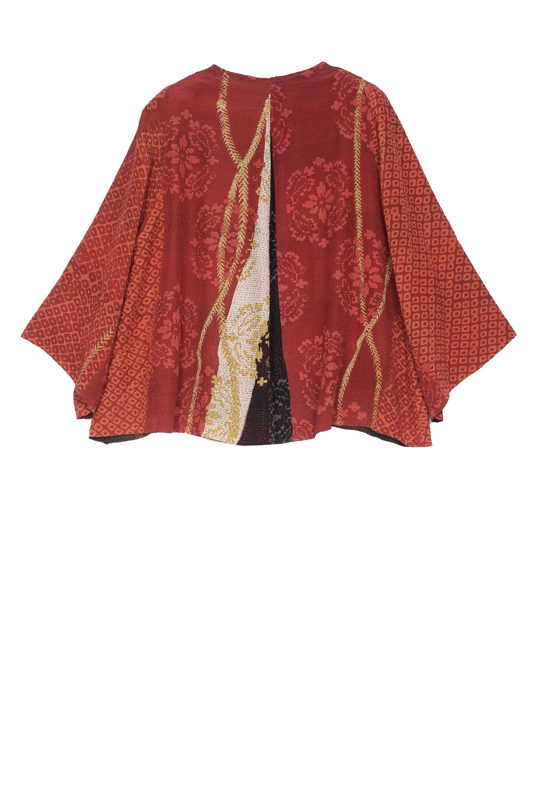 KIMONO PRINT KANTHA BELL SHAPE JKT - kp2048-red -