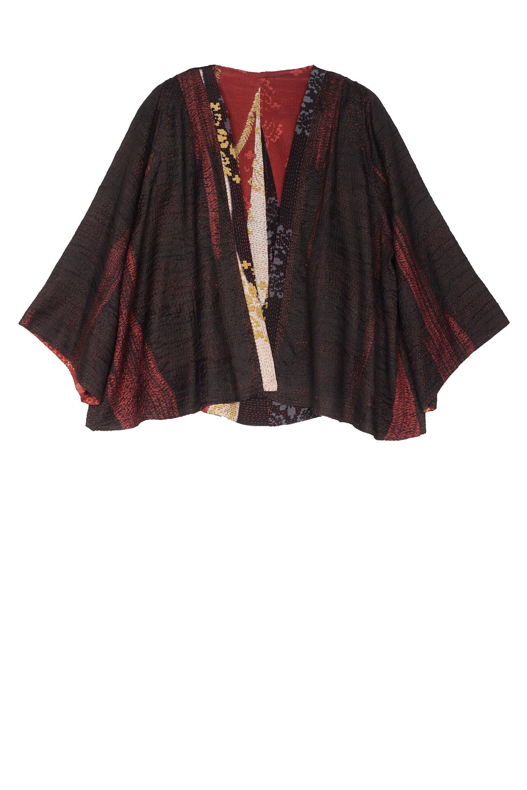 KIMONO PRINT KANTHA BELL SHAPE JKT - kp2048-red -