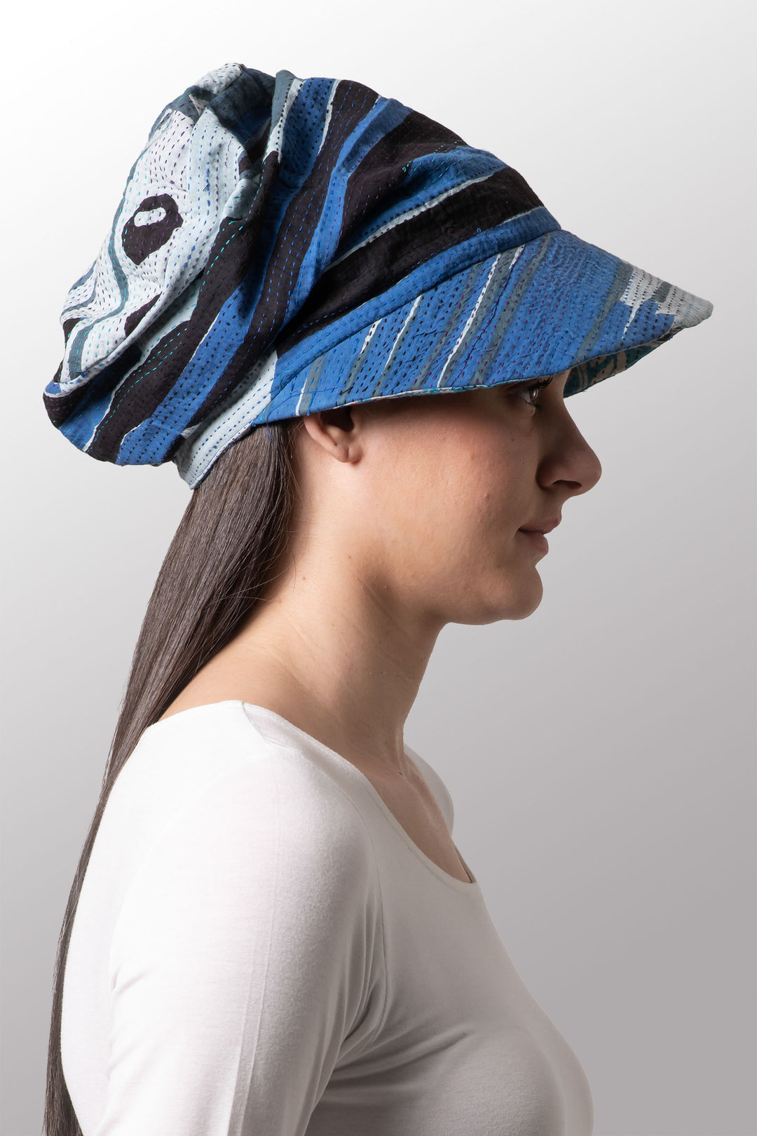 LAKESIDE PRINT KANTHA CASKET HAT BY KYOKO MURAYAMA - lp2895-blu -