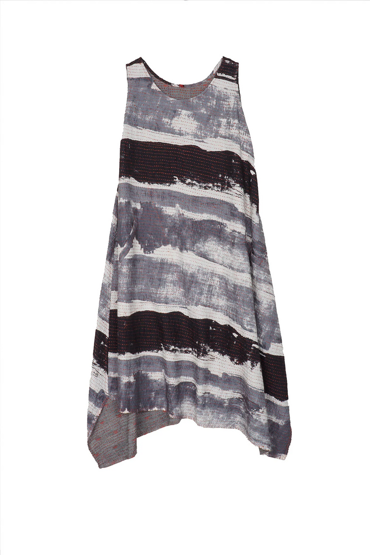 PLANK PRINT KANTHA POINTY HEM DRESS - lb2415-gry -