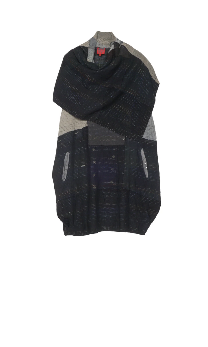 LANDSCAPE FRAYED PATCH KANTHA COWL NECK TUNIC - lf2523-blk -