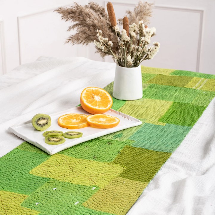 Mosaic Fray Handmade Vintage Kantha Table Runner -Lime Green -