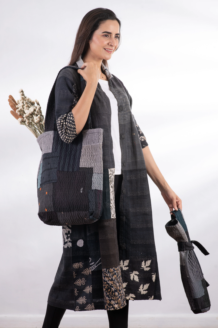 Landscape Handmade Vintage Kantha Wine Bag -Black -