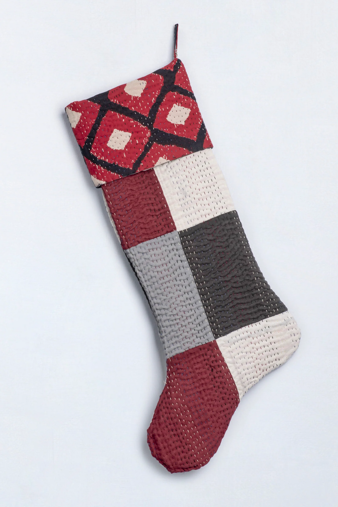 Monotone Ikat Handmade Vintage Kantha Holiday Stocking -Red -