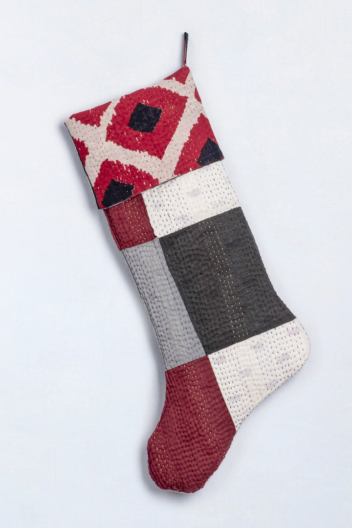 Monotone Ikat Handmade Vintage Kantha Holiday Stocking -Red -