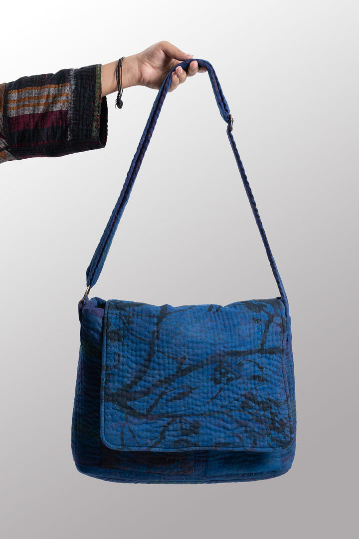 Quilted Over Dye Cotton Kantha Pc Messenger Bag - mm-oq5863-cblu005a -