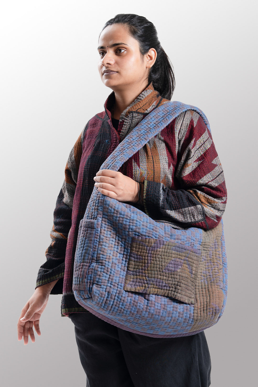 Quilted Over Dye Cotton Kantha Oversized Hobo Bag - mm-oq5870-cblu004a -