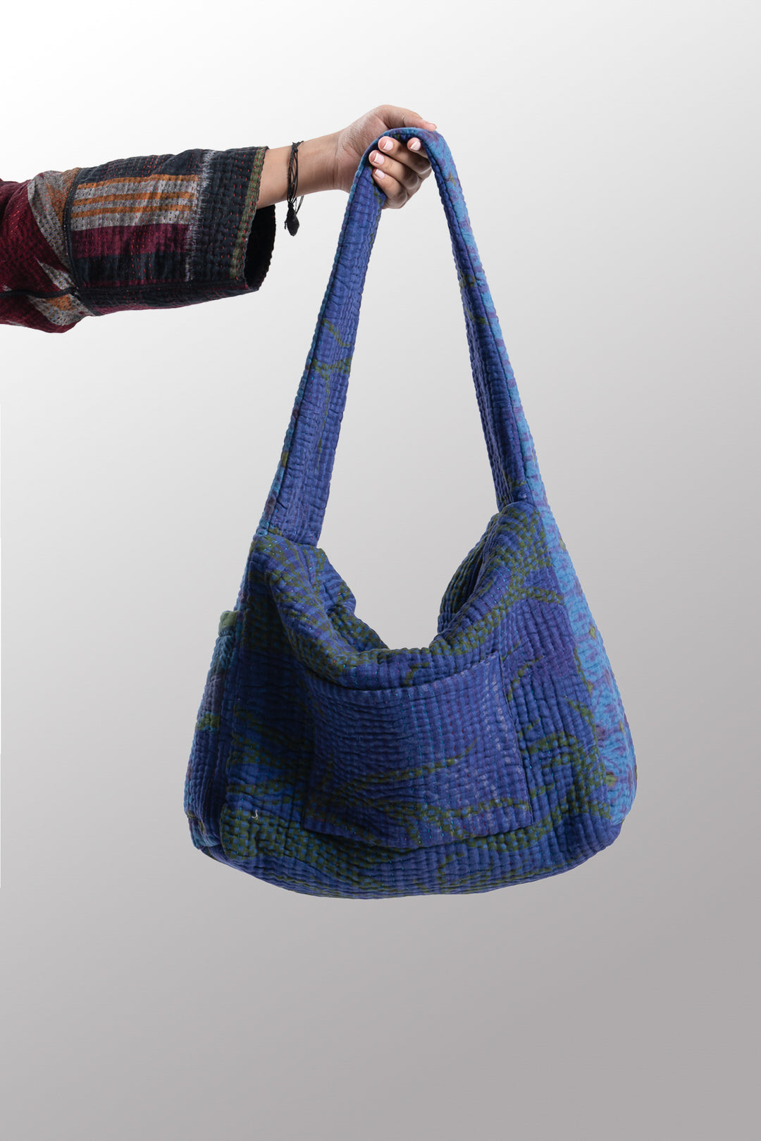 Quilted Over Dye Cotton Kantha Oversized Hobo Bag - mm-oq5870-cblu005a -