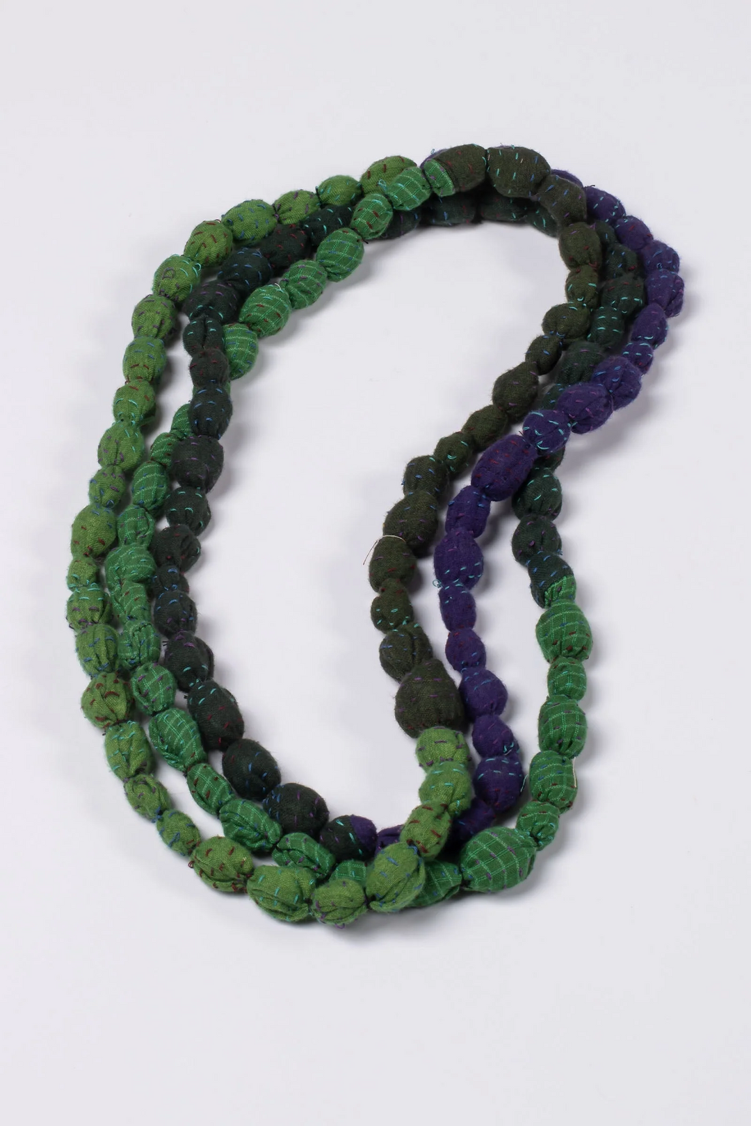 VINTAGE SILK KANTHA TIE-BEADS LONG NECKLACE - sv2707-grn -