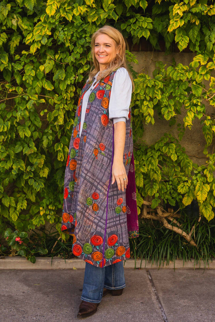 VINTAGE COTTON KANTHA BACK PLEATED VEST MAXI - cv4222-0014a -